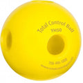 A bright yellow Total Control Ball YH50 with two circular holes, featuring embossed branding and contact information on a white background.