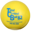 A bright yellow Total Control Ball 82 with blue printed text and website on a white background.