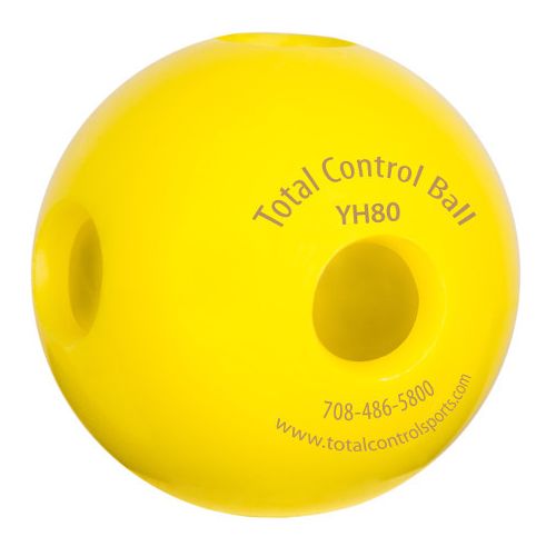 A bright yellow Total Control Ball YH80 with three holes, featuring embossed branding and contact information on a white background.