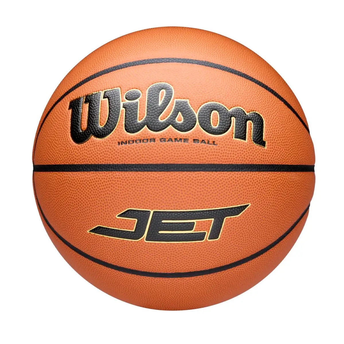 An orange Wilson basketball with black lines, featuring the 'Wilson' brand logo and 'JET' model name on a plain white background.